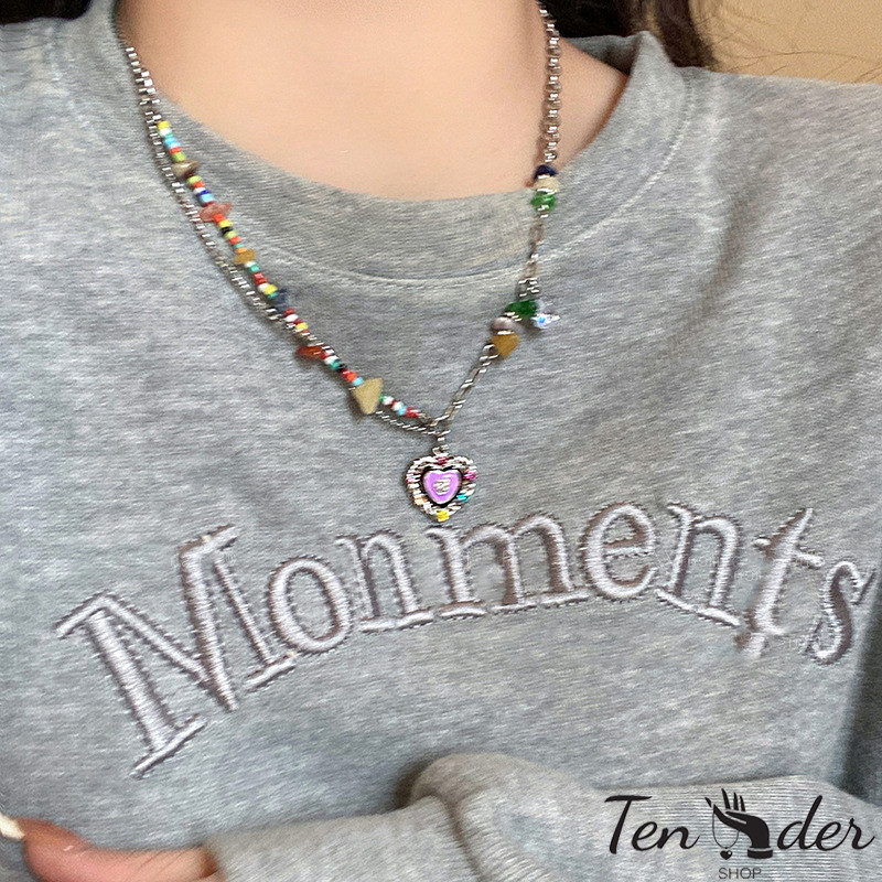 COD-ส่งเร็วจากไทย สร้อยคอไหปลาร้าหัวใจสีสันสดใส Rhinestone สร้อยคอลูกปัดข้าวธรรมชาติ-Tender
