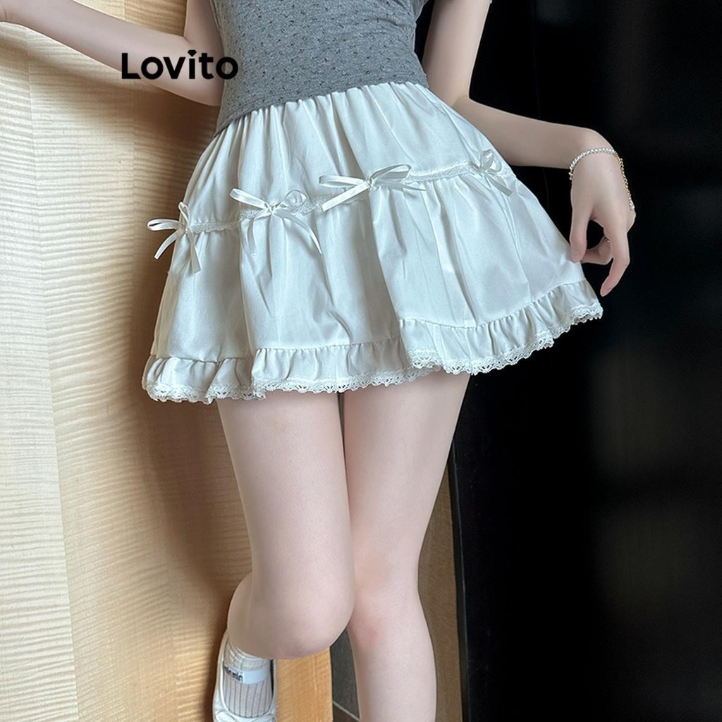 Lovito กระโปรงผู้หญิง สีพื้น แต่งโบว์ สไตล์ลำลอง LNA63155