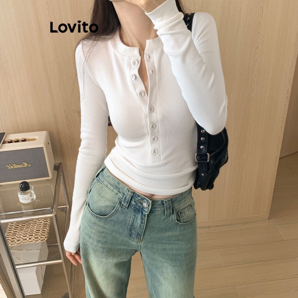 ซื้อ Lovito เสื้อยืดผู้หญิง แขนยาว เบสิก กระดุมด้านหน้า สีพื้น สไตล์ลำลอง LNE24138 (สีขาว)