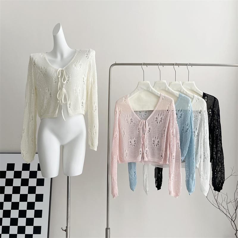 mimi&didi#เสื้อครอปไหมพรมแขนยาว เสื้อเบลาส์ป้องกันแสงแดดแบบผูกเชือกบางสำหรับฤดูร้อนสำหรับผู้หญิง แฟชั่นสไตล์เกาหลี#Q004
