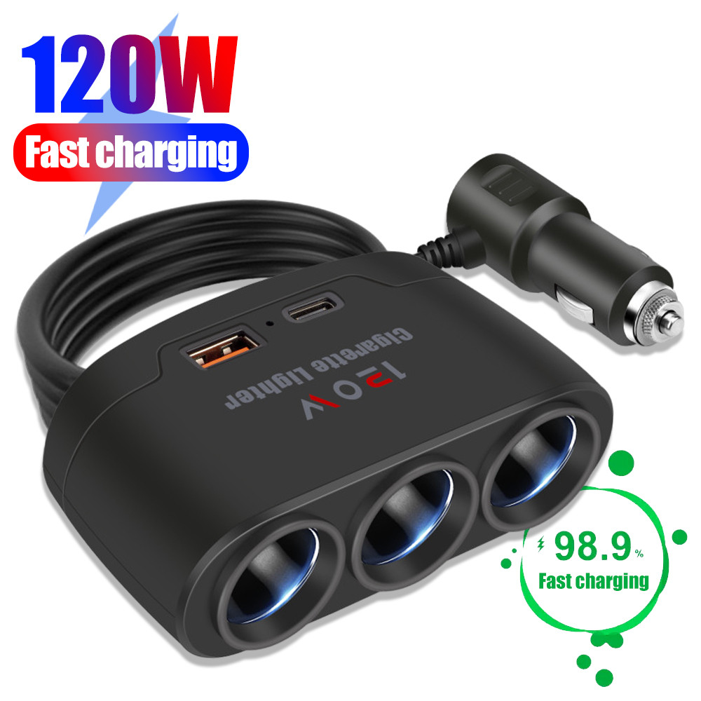 3-in-1 รถปลั๊กชาร์จอะแดปเตอร์ไฟแช็กหลายซ็อกเก็ตซิการ์แจ็ค Splitter Dual Usb Power จําหน่ายชิ้นส่วนภายใน