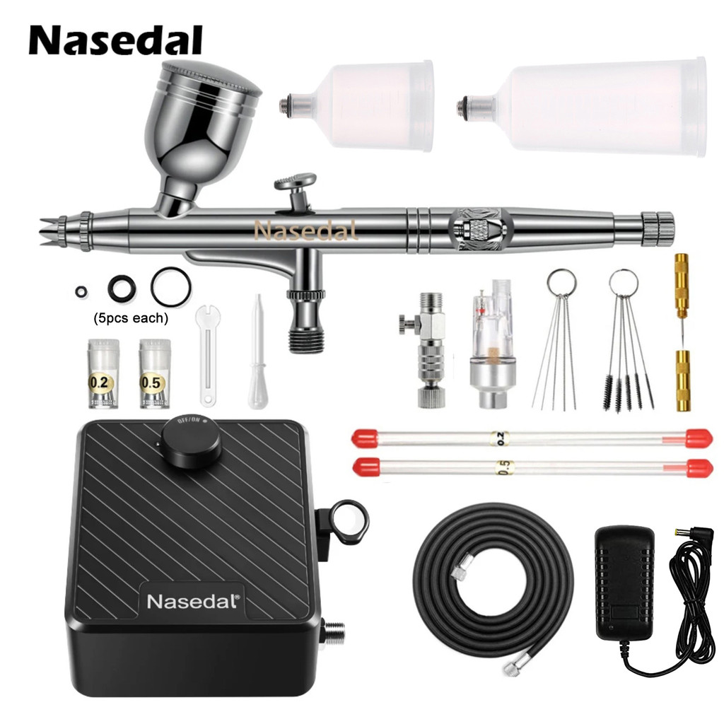 Nasedal Airbrush Air Comrpessor Kit อัพเกรด 40 PSI Dual-Action Air แปรงสําหรับ Gundam รุ่นภาพวาดเล็บแต่งหน้าเค้กสีเครื่องมือ DIY
