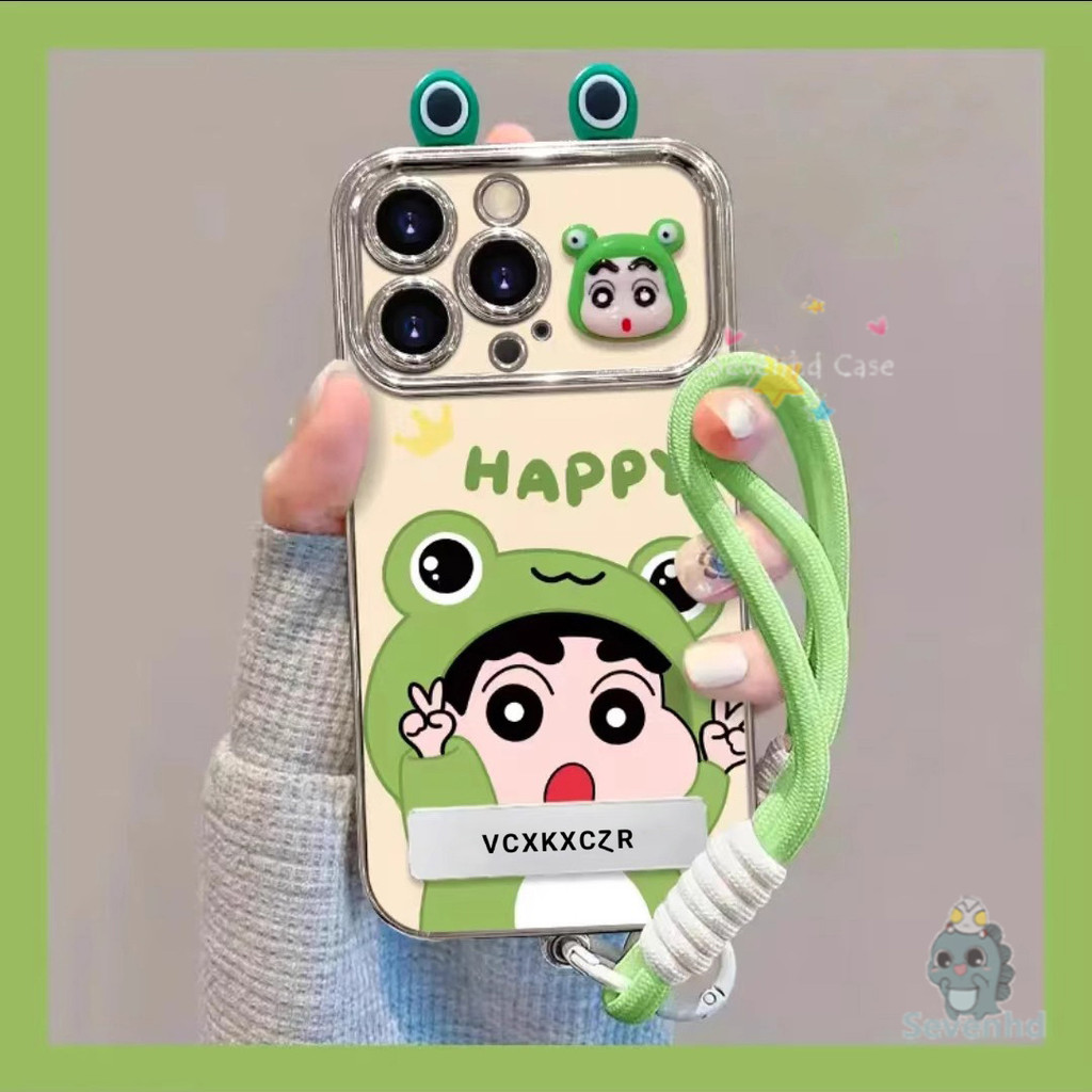 ปลอกสําหรับ iPhone 11 16 13 14 7Plus 15 12 Pro Max X Xs Max 7 8 6 บวกกรณีอะนิเมะกบน่ารัก 3ง หูตุ๊กตากรณีโทรศัพท์+ผู้ถือ+โซ่หรูหราชุบบิ๊กหน้าต่างกันกระแทกป้องกันปกหลัง