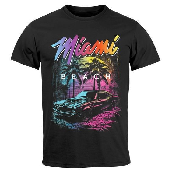 Mens Miami Beach USA Vintage Car Palm Print Fashion Street Style T-Shirt