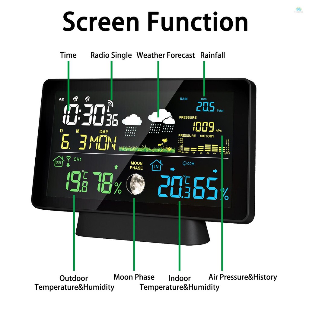 Yb1 Weather station7.5- นิ้วหน้าจอสีสถานีอากาศ Rain Gauge ในร่มและกลางแจ้งอุณหภูมิและความชื้นสถานีอากาศพร้อมจอแสดงผล Moon Phase ความดันบรรยากาศ
