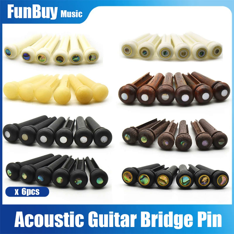6Pcs Bone Guitar Bridge Pins Ebony Bone Rosewood Bridge Pin for Acoustic Guitar with Pearl Shell Bra