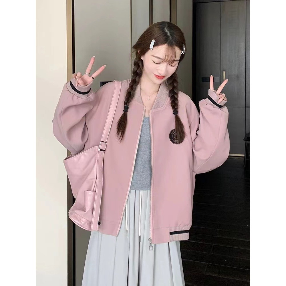 เสื้อแจ็คเก็ตสีชมพูผู้หญิงผ้าฝ้ายแท้คอกลมน่ารักและมีพลัง