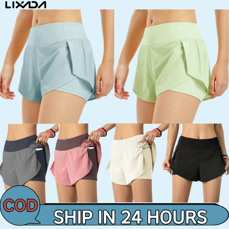 [LIXADA Mall] กางเกงวิ่งขาสั้น 2-in-1 สําหรับผู้หญิงพร้อมกระเป๋ากีฬาโยคะเลกกิ้งฟิตเนสยิมชุดกีฬา
