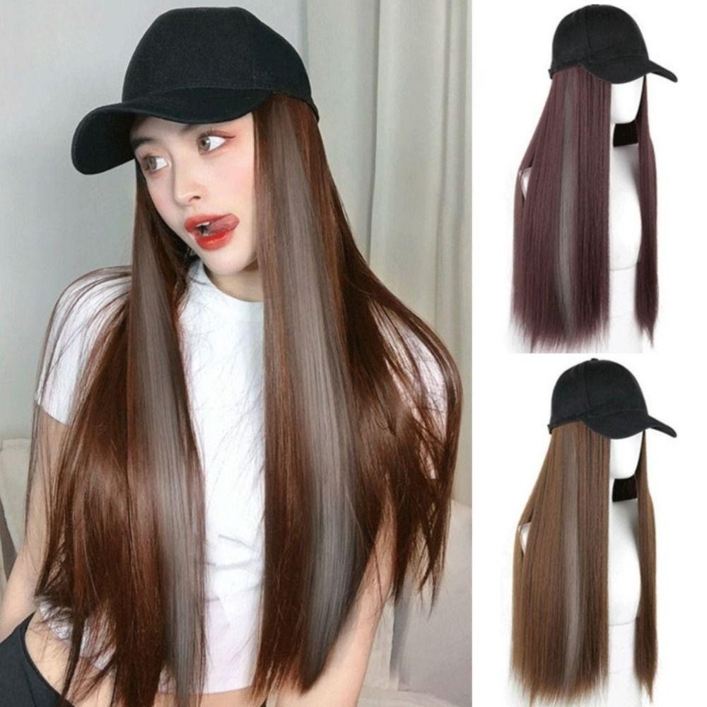 ประกายไฟฟลักซ์ หมวกเบสบอลพร้อมวิกผมไฮไลท์ชิ้นเดียวสีเทาผมยาวตรงแฟชั่นแฮร์พีชหมวกกันแดดสไตล์เกาหลีหมวกปรับได้วิกผมกลา - รูปที่ 3