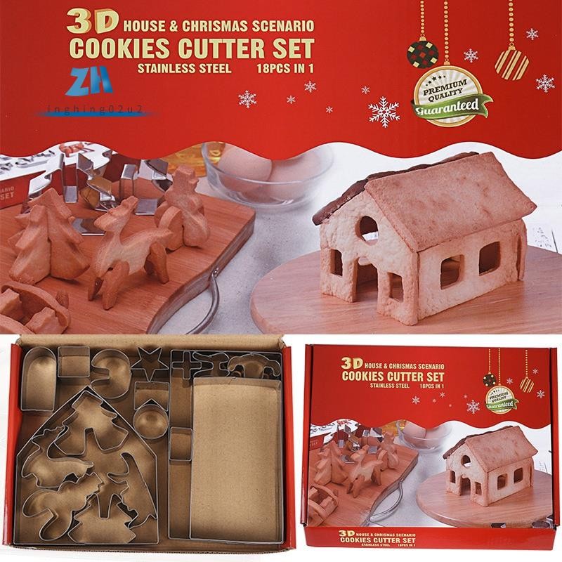 18 ชิ้น 3D Gingerbread House สแตนเลสคริสต์มาส Scenario เครื่องตัดคุกกี้ชุดบิสกิตแม่พิมพ์ Fondant เครื่องตัดเบเกอรี่เครื่องมือ