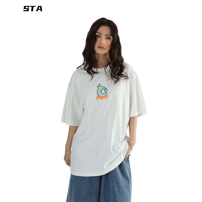 Sta Planet Collision Creative Fun คู่แขนสั้นเสื้อยืด Street Hip-Hop หลวมตัวอักษรสามมิติ