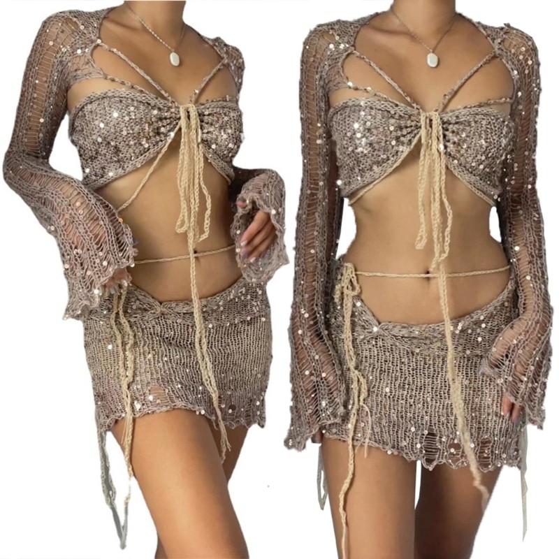 เลื่อม Embellished Beach ชุดว่ายน้ํา Tube Top และกระโปรงชุดจับคู่กับ Hollowed โครเชต์ถัก Shrug Coverup สําหรับผู้หญิง