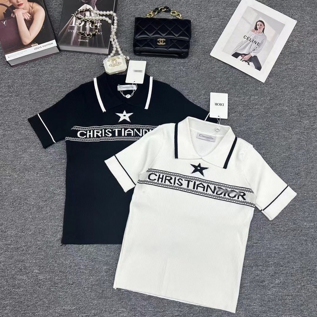 Dior2023 เสื้อไหมพรมแขนสั้นคอปกสีตัดกันผู้หญิงเข้ากันทั้งหมด