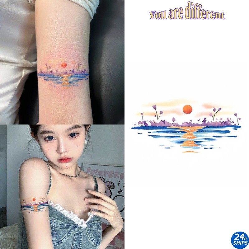 สติกเกอร์รอยสักปลอมชั่วคราว กันน้ํา ติดทนนาน 7 วัน ลายทะเลสาบพระอาทิตย์ขึ้น สําหรับแขนสาว