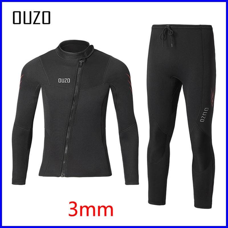 คลังสินค้าพร้อม OUZO 3 มม.ดําน้ํากางเกงดําน้ําผู้ชายผู้หญิง Neoprene สองชิ้นยืดหยุ่นสูง Warm Light หนังขอบด้านหน้าแนวทแยงเปิด ykk ซิปสวมใส่ผ้าข้อศอก Pads Kne