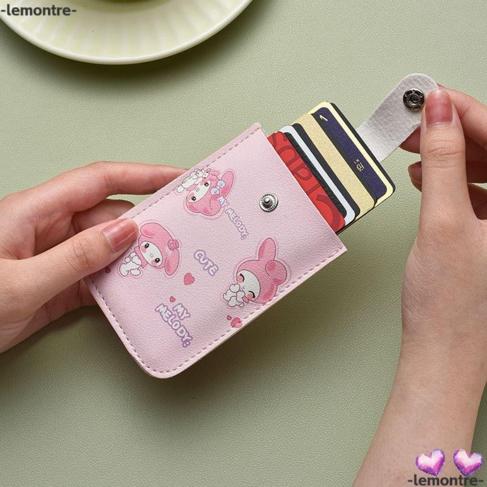 ผู้ถือบัตร LEMONTRE, เคลือบลามิเนตปกปิด Kuromi Melody Mini Card Wallet, RFID Blocking PU หนัง 5 กระเป๋าการ์ด ID Card Holder