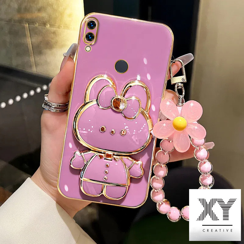 เคส Huawei Nova 3i nova 3 เคสโทรศัพท์ชุบด้วยไฟฟ้าหรูหรา 3D กระต่ายเครื่องสําอางกระจกแต่งหน้าขาตั้งเคส TPU แบบนุ่มพร้อมสร้อยข้อมือเชือกเส้นเล็ก เคสโทรศัพท์ Huawei Nova 3i nova 3