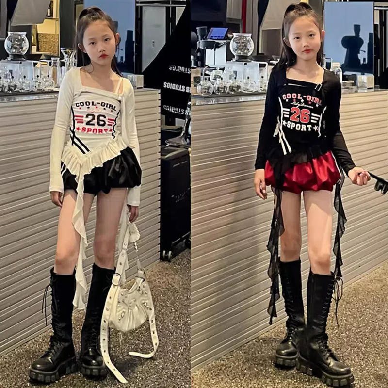 [KeDaYa] พร้อมส่ง เสื้อสายเดี่ยวระบายไม่สมมาตรวินเทจอเมริกัน กระโปรงสั้นบับเบิ้ลสไตล์เกาหลี ผ้าคลุมแขนยาว ชุดเต้นเด็ก Y2K OOTD ฮิปฮอปสำหรับเด็กผู้หญิง