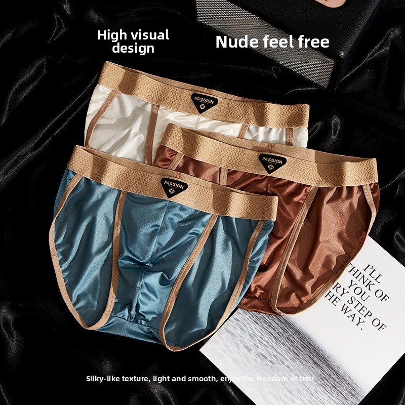 ผู้ชายระดับไฮเอนด์ซาตินผ้าไหมน้ําแข็งเอวต่ําเซ็กซี่ระบายอากาศสามเหลี่ยมกางเกง