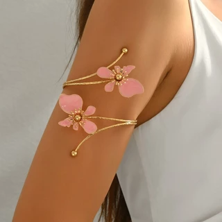LITTLEX สร้อยข้อมือดอกไม้, เคลือบเคลือบหัตถกรรมสีทองดอกไม้เปิดข้อมือ Armlet, Vintage โลหะเปิดแหวนของขวัญ