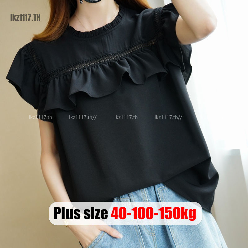 Plus Size✅เสื้อเชิ้ตผู้หญิงไซส์ใหญ่ เสื้อแขนกุดสาวอวบ แขนสั้น ทรงหลวม คอกลม ขาระบาย ฤดูร้อน เกาหลี แฟชั่น Oversize พลัสไซส์ เสื้อผ้าสาวอวบ