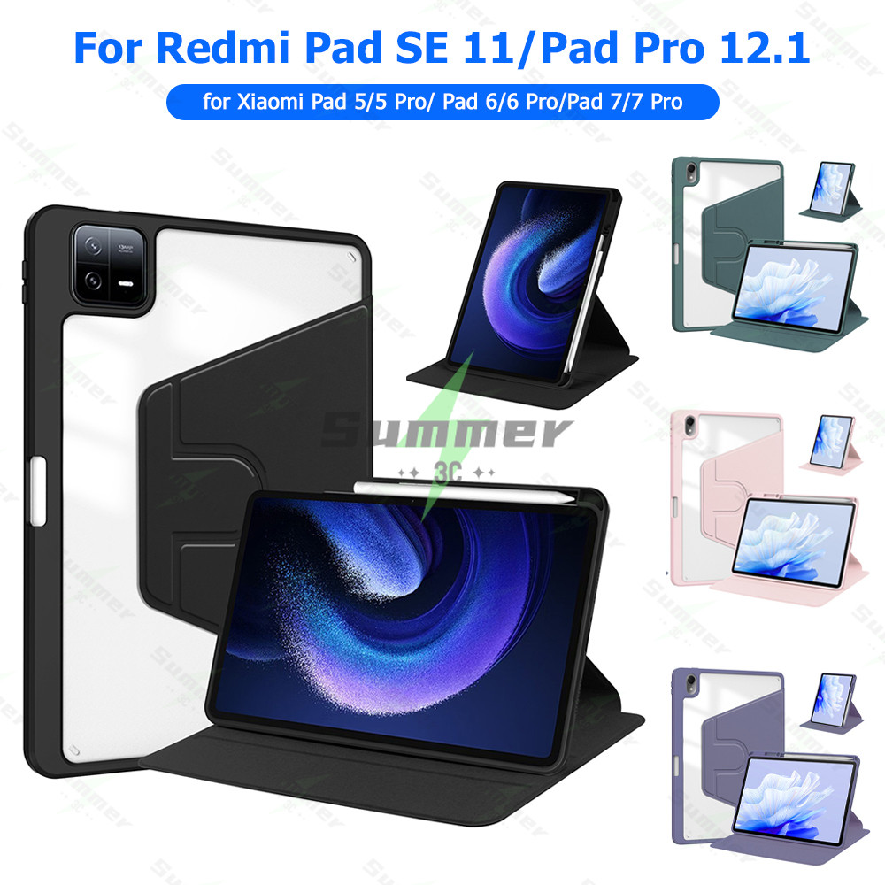 เคสหมุนได้ 360° สำหรับ Redmi Pad SE 11 พร้อมช่องใส่ดินสอสำหรับ Xiaomi Pad 5 Pro/6 Pro พร้อมระบบปลุก/ปิดเครื่องอัตโนมัติ