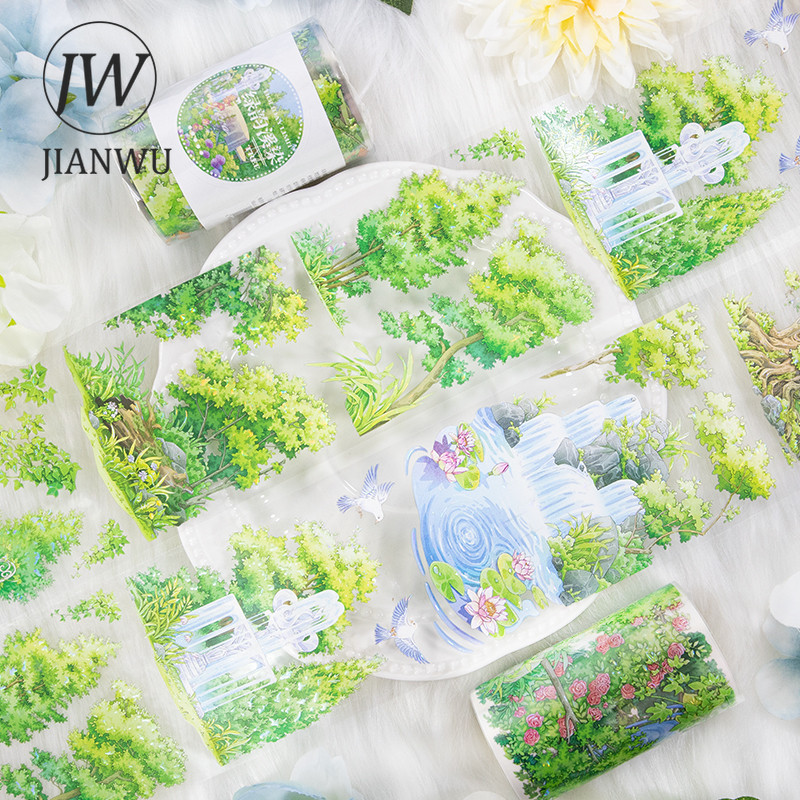 JIANWU 65 มม.* 200 ซม.สีเขียว Yunxi ย้อม Series Vintage Plant Tree ภูมิทัศน์วัสดุ Collage PET เทป Creative Journal เครื่องเขียน