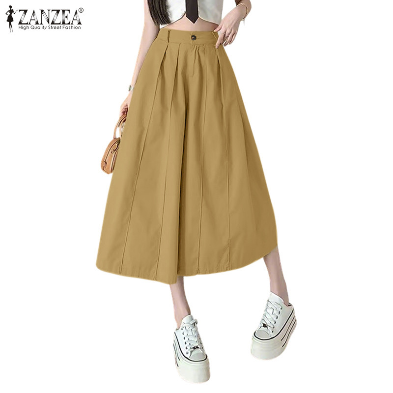 Zanzea ผู้หญิงเกาหลีกระเป๋าด้านข้างหลวม Pleat Capri กางเกงกลาง