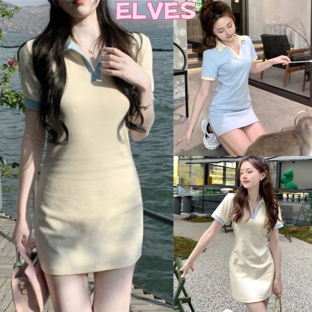 Elves พร้อมส่ง💟พร้อมส่งชุดมินิเดรส คอปก แขนสั้น สีฟ้าครีม ทรงรัดรูป เดรสรัดรูป"FY506#1"