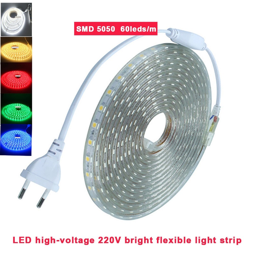เทป LED กันน้ํา AC220V LED Strip SMD 5050 ยืดหยุ่น 60 leds/m ไฟ LED พร้อมปลั๊ก EU 1M 8M สําหรับสวนกล