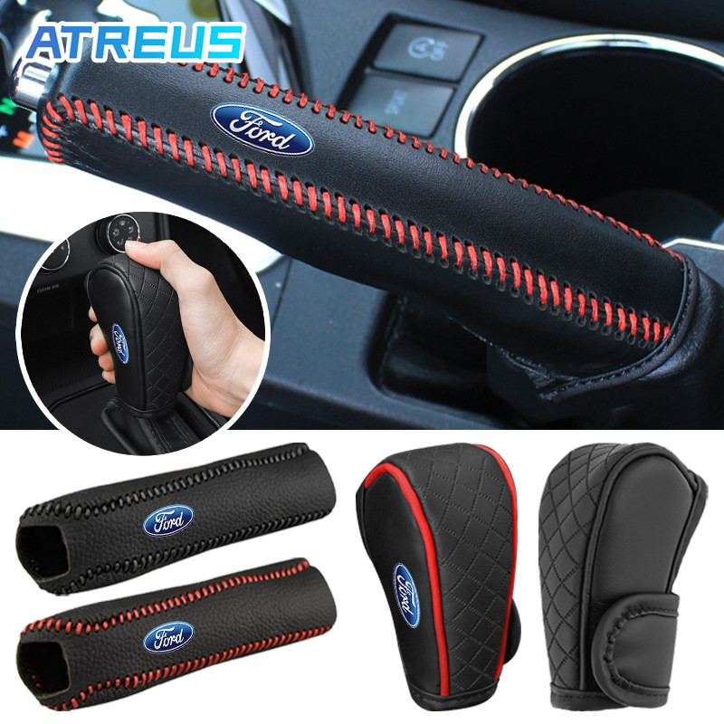 Ford ฝาครอบเกียร์เบรกมือ หนัง ปลอกหนังหุ้มคันเกียร์รถยนต์ ที่ปรับระดับเกียร์ ฝาครอบ ปลอกหุ้มลูกบิดเบรกมือรถยนต์ สำหรับ Ford Ranger Raptor Everest Focus MK2 MK3 Mustang Escape Fiesta Ecosport
