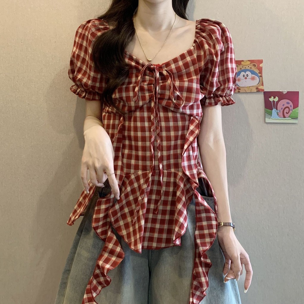 เสื้อยืดแฟชั่นมีริบบิ้นและแขนสแควร์ ทรงเพรียวเหมาะสำหรับฤดูร้อน