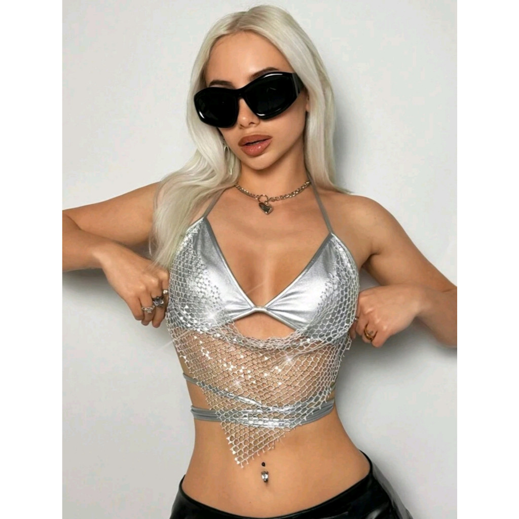 SShine ไอคอน Going Out Tops ผู้หญิงแฟชั่น Fishnet Halter คอ Y2k Glitter Party Bra Top