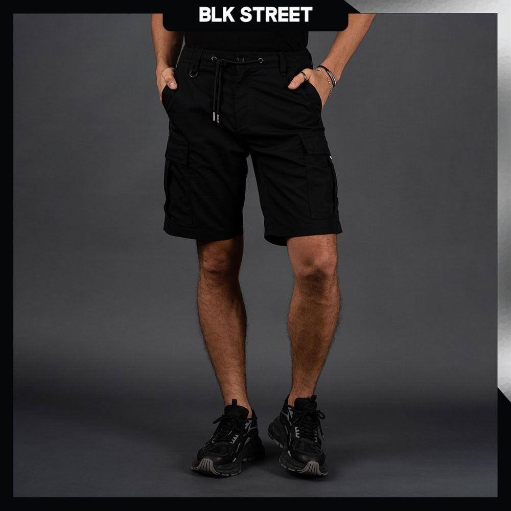 DAVIE JONES [ Black Street Project ] กางเกงขาสั้น คาร์โก้ เอวยางยืด Elastic Waist Cargo Shorts SP0007 สีดำ