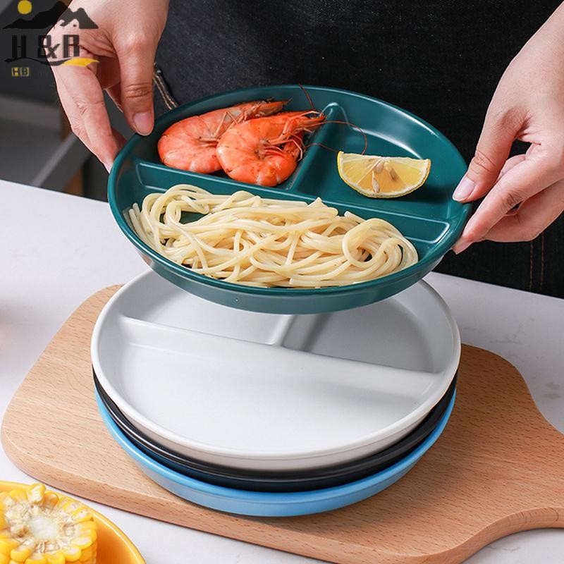 H&B Jul Three-Grid Western Compartment Plate สําหรับอาหารสลัดผลไม้แบ่งแผ่นฟางข้าวสาลีอาหารจานอาหารถาดครัวเย็น {th}