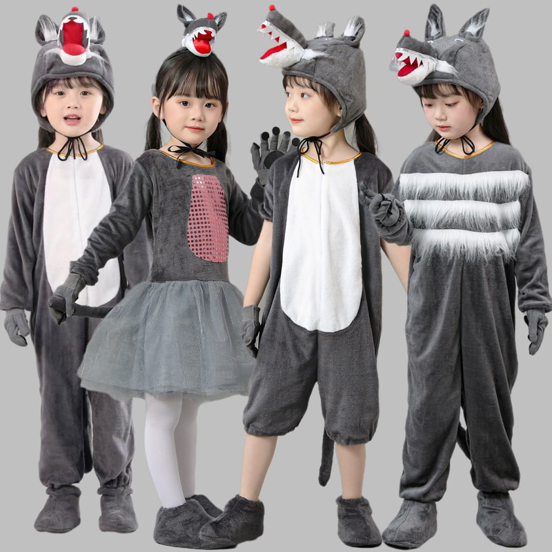 ชุดเครื่องแต่งกายธีมหมาป่าสำหรับเด็ก สีเทา มาพร้อมเสื้อกันหนาวแบบแกะ