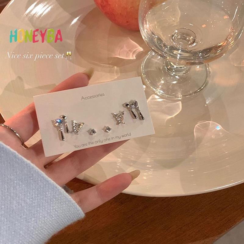 <Honeyba> 6 ชิ้น/เซ็ตแฟชั่นเกาหลีVINTAGE Silverสี Hoopต่างหูผู้หญิงEgirlอินเทรนด์Grunge Aestheticเคร