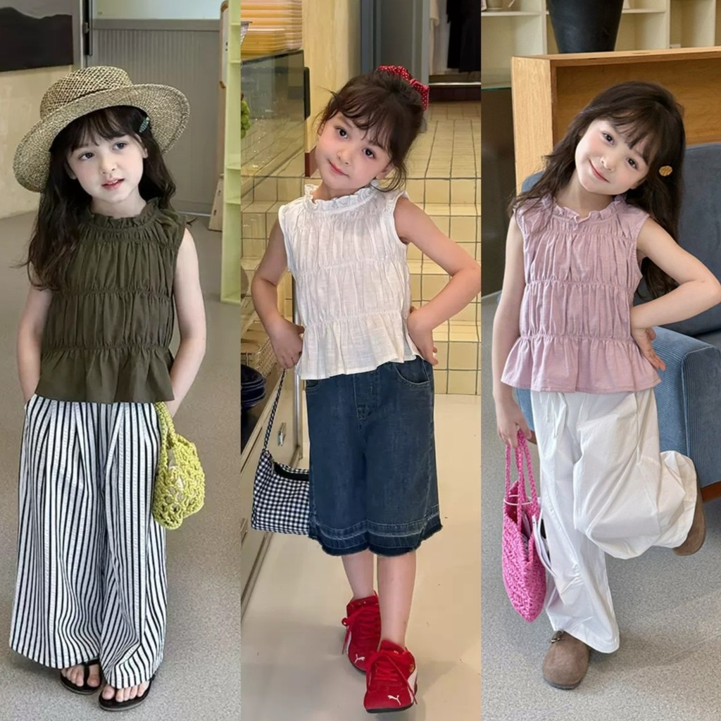 PRETTY BABY เสื้อแขนกุดเด็กผู้หญิง เสื้อคอปีน ดีเทลริ้วสม็อครอบตัว แฟชั่นเด็ก (1689)