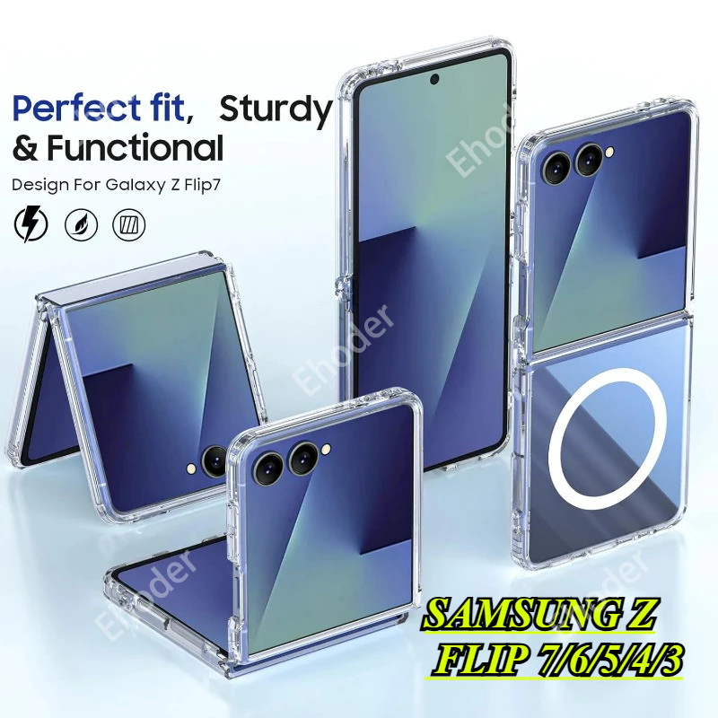 SAMSUNG กันกระแทกปลอกใสสําหรับSamsung Galaxy Z Flip 8 7 6 5 4 3 5G 4Gเคสโทรศัพท์ClearถุงลมนิรภัยAnti-Fallฝาครอบป้องกันแม่เหล็กสําหรับZFlip8 ZFlip7 Flip6 Flip5 Flip4 ZFlip6 shell