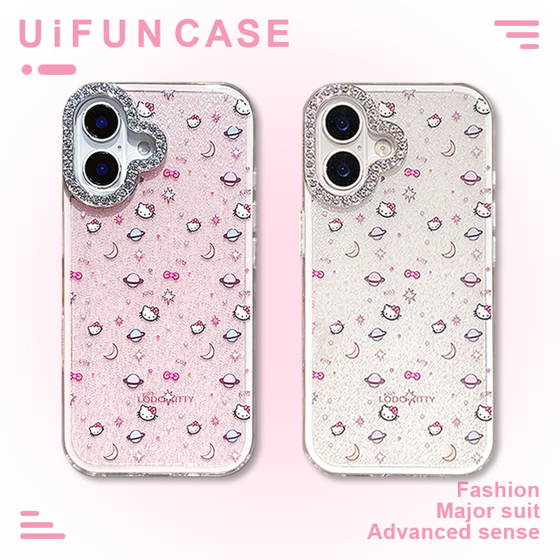 2 in 1 Glitter น่ารัก Moon Planetary Hello Kitty โทรศัพท์มือถือกรณีสําหรับ iPhone 16 15 14 Plus 13 12 Pro Max 11 เพชรเลนส์ขอบปกหลังกันกระแทก TPU + PC ปลอก