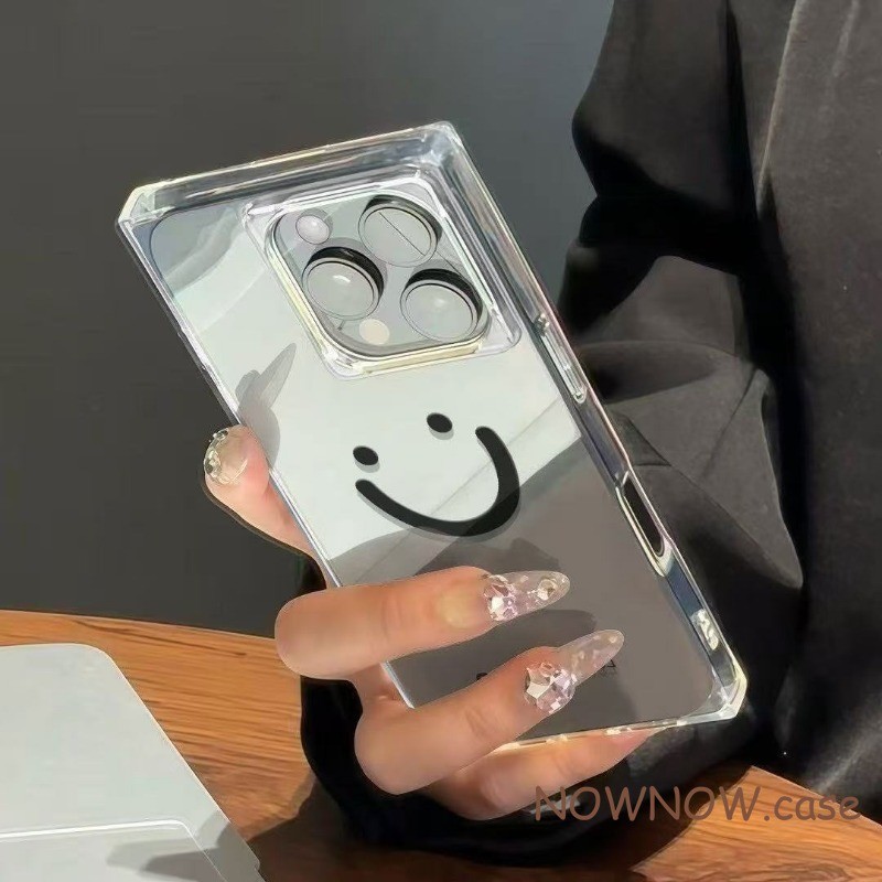 สําหรับ IPhone 16 15 14 Plus 13 12 11 Pro Max X XR XS Max 7 8 Plus เรียบง่ายและน่ารักการ์ตูนหน้ายิ้มสแควร์โปร่งใสเคสโทรศัพท์ปกอ่อน
