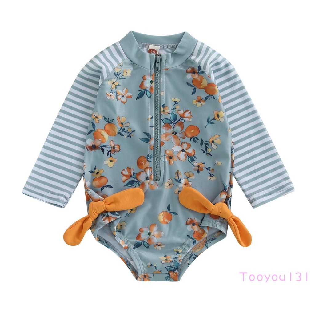 ชุดว่ายน้ำแขนยาวสำหรับเด็กหญิงแบบ rash guard พิมพ์ลายดอกไม้และคอซิป