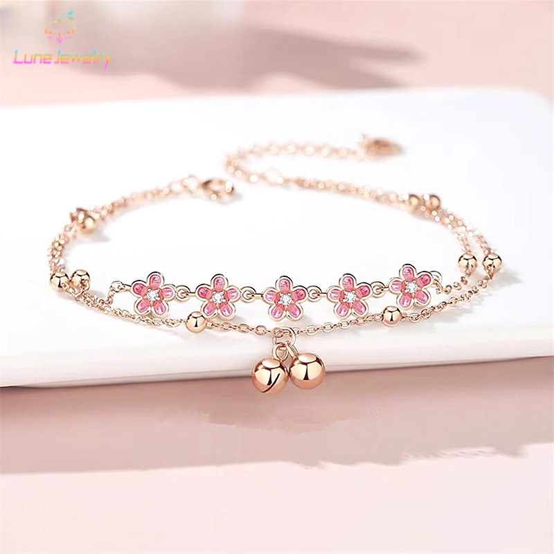 COD กำไลข้อเท้ากระดิ่งดอกพีชสไตล์โบราณ อ่อนโยน ดีไซน์ประณีต-Lune