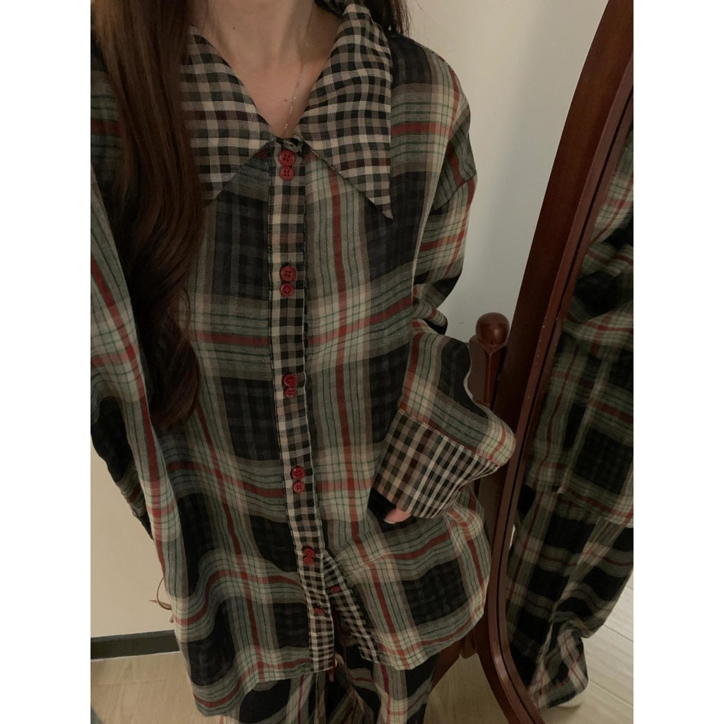 ชุดนอน F & X ลายสก๊อตแขนยาว สไตล์หรูหราสำหรับฤดูใบไม้ร่วงและหนาว