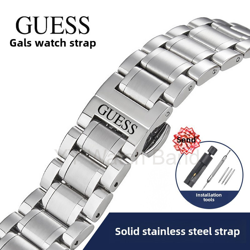 สายนาฬิกาสแตนเลสแข็งขนาด 12-24 มม. สำหรับ GUESS W0247G3/W0040G3 – สายสำรองแบบปิดผีเสื้อสำหรับทุกเพศ