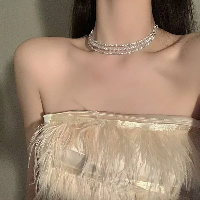 สร้อยคอมินิมอลแบบสองชั้นดีไซน์สายบาร์เจ้นท์ - มีไข่มุก สำหรับผู้หญิง