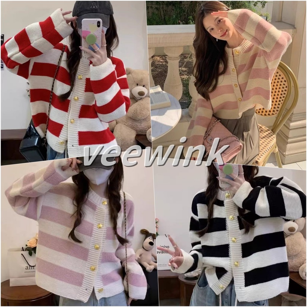 Veewink พร้อมส่งจากกทม เสื้อสเวตเตอร์สั้นลายทาง สไตล์ชาแนล เนื้อนุ่ม ทรงกระชับตัว สำหรับสาวตัวเล็ก ส่งฟรีทั่วประเทศ