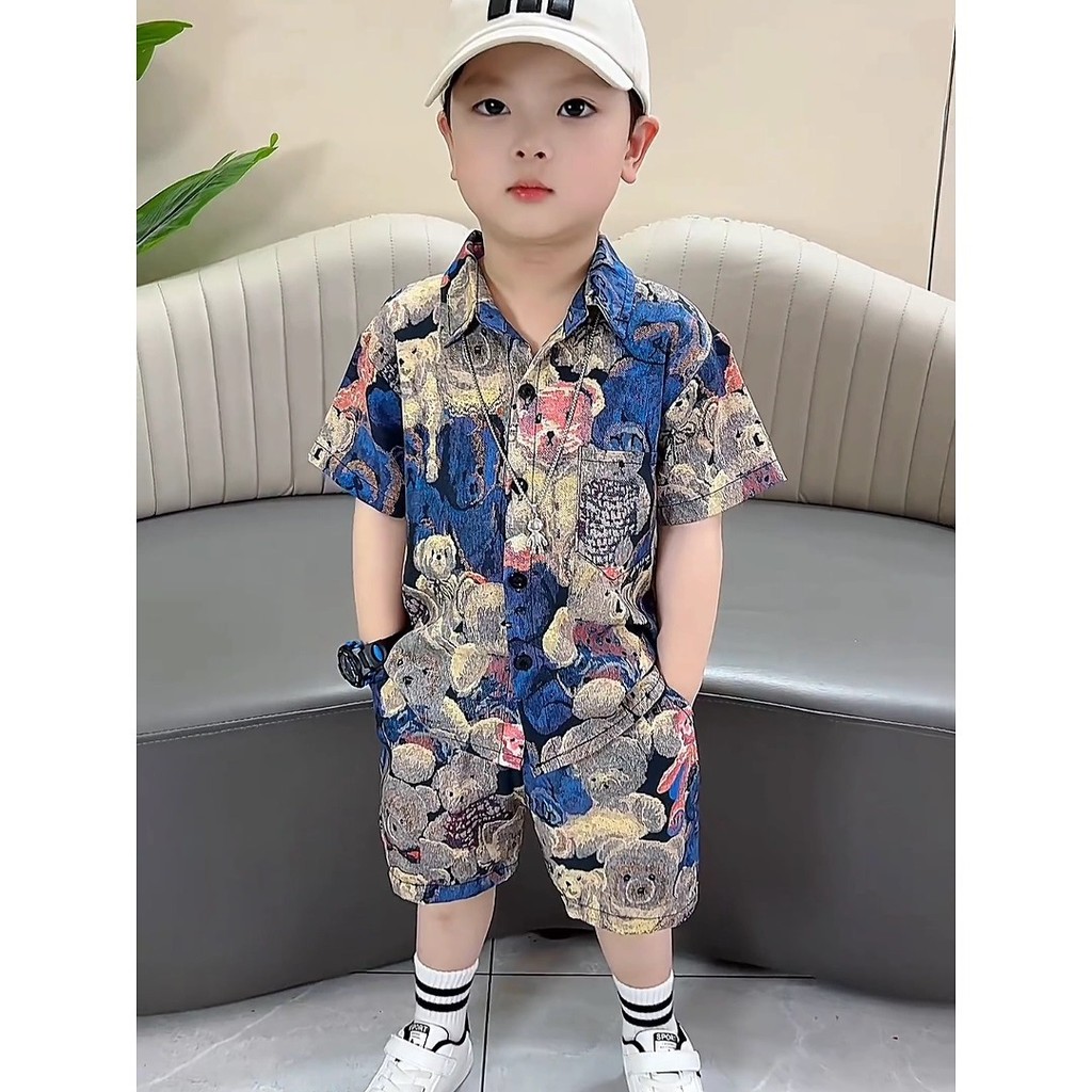 ชุดสูทเด็กชายฤดูร้อน ขนาด 90-150 cm เสื้อแขนสั้นลายดอกไม้และกางเกงขาสั้น สำหรับเด็กทารกดูแล้วน่ารักและสวมใส่ง่าย