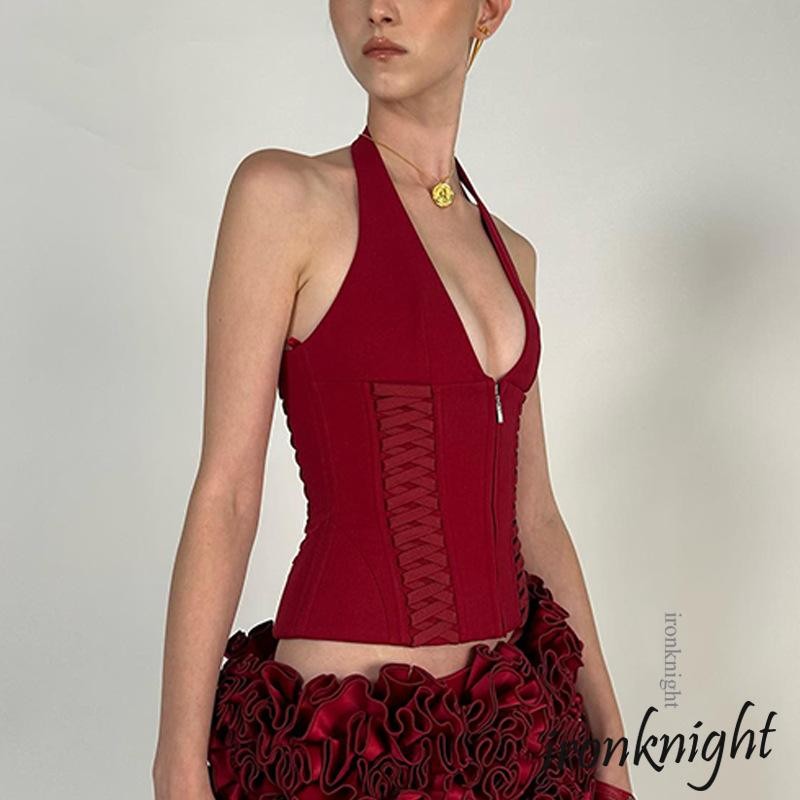Ironknight – สไตล์ Halter สำหรับผู้หญิง แขนกุดรัดตัว มิดชิด กางซิปหน้า เหมาะสำหรับสวมใส่ลำลองในฤดูร้อน ราคา ถูกที่สุด ดีลบีเคเค แกลเลอรีภาพที่ 3
