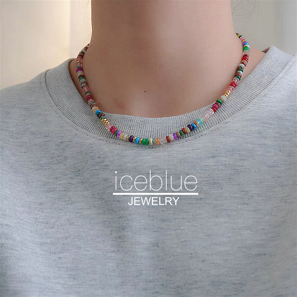 【iceblue】สีสันหินธรรมชาติลูกปัดสร้อยคอสร้อยข้อมือ 18K Gold Plated Non Tarnish เครื่องประดับไทเทเนียม